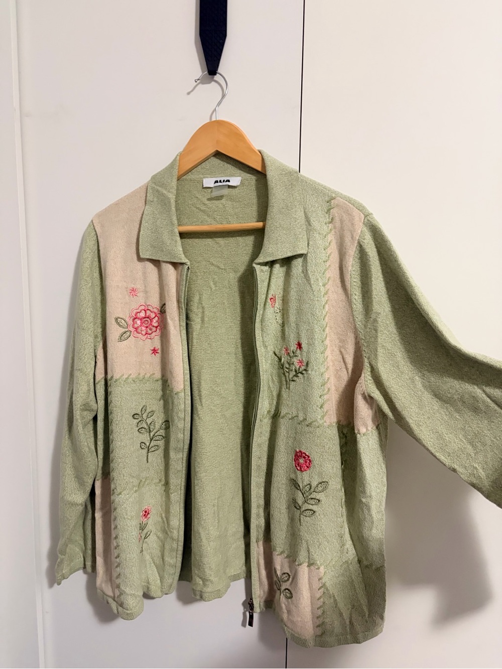 Cottage-core Light Green Embroidered Patchwork sweater